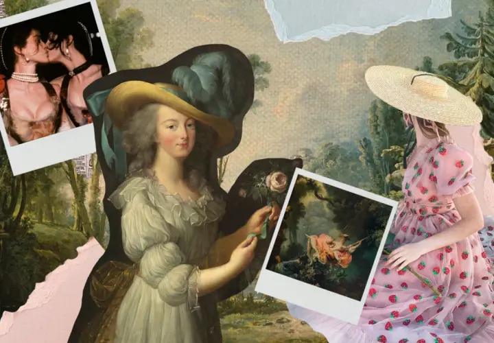 Collage con estética estilo cottagecore: retratos antiguos, un cuadro de una mujer en un columpio y una mujer con vestido de fresas.
