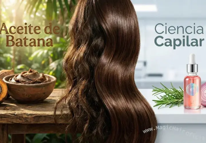 Aceite de Batana: un tesoro natural para un cabello radiante. Muestra un antes y después de cabello, con ingredientes como la batana y cebolla.