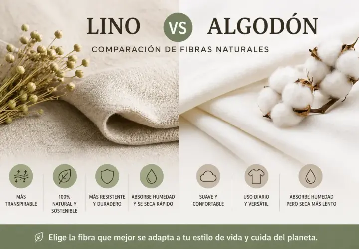 Comparación de tipos de lino y algodón. El lino es transpirable, natural, duradero y de secado rápido. El algodón es suave, cómodo y de secado lento.