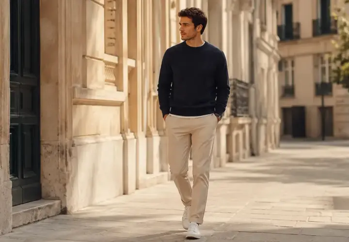 Hombre con jersey azul marino y **pantalón crema** camina por una calle adoquinada con edificios de piedra.