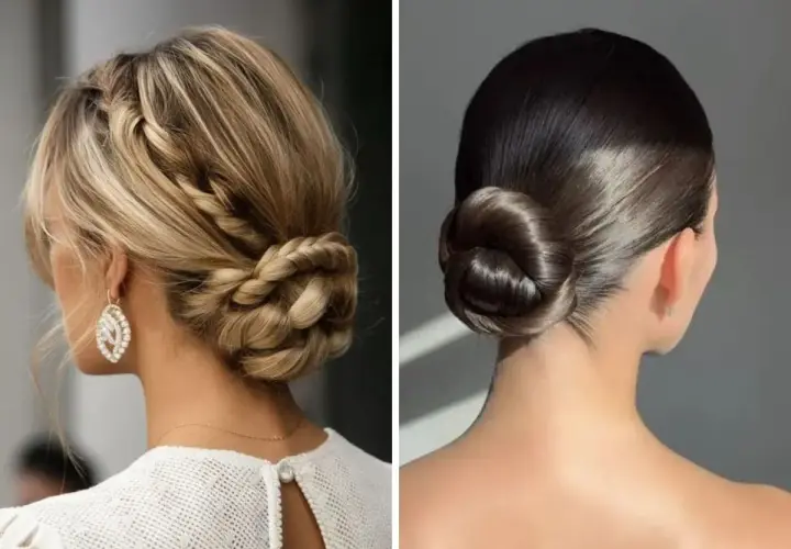 Dos moños bajos elegantes: uno trenzado rubio y otro liso oscuro.