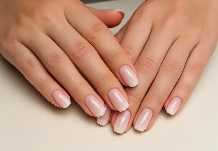 Manos con manicura rusa impecable, luciendo un degradado suave de rosa a blanco.