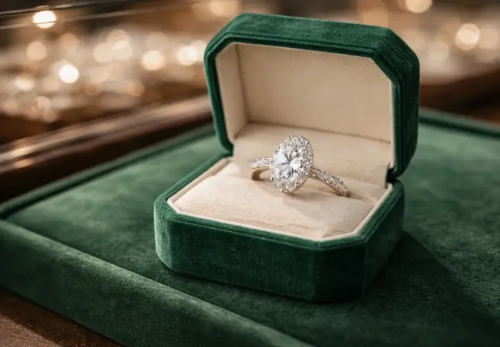 Anillo de compromiso ovalado con diamantes, uno de los tipos de anillo de compromiso más populares, en su caja de terciopelo verde.