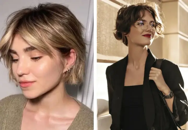 Dos mujeres con un moderno corte bixie. Una luce un estilo rubio desordenado, la otra un castaño ondulado con gafas.
