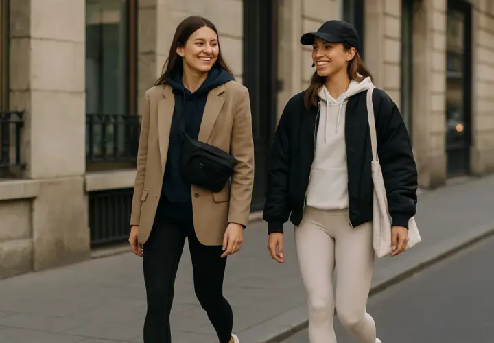 Dos mujeres pasean con estilo athleisure. Una lleva un blazer camel, sudadera azul marino y riñonera. La otra, gorra negra, bomber negra y sudadera crema.