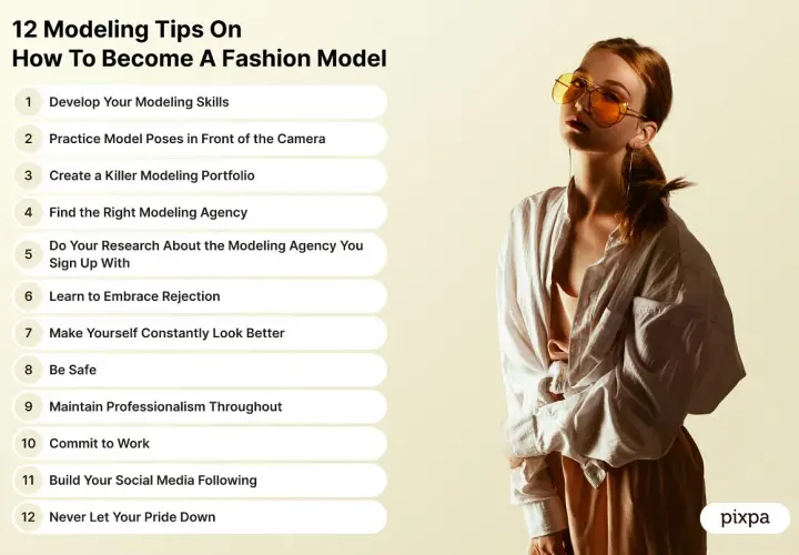 Joven modelo con gafas naranjas, lista para aprender como ser modelo. Consejos para una carrera exitosa.