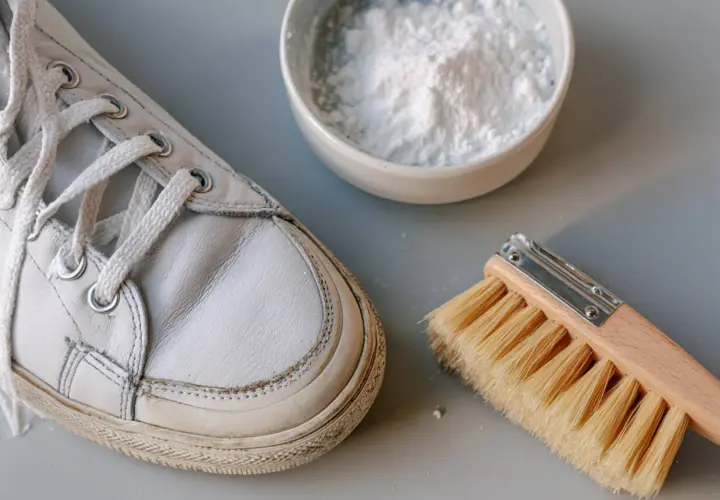 Herramientas para limpiar botines blancos: un zapato, un cepillo y un cuenco con polvo blanco.