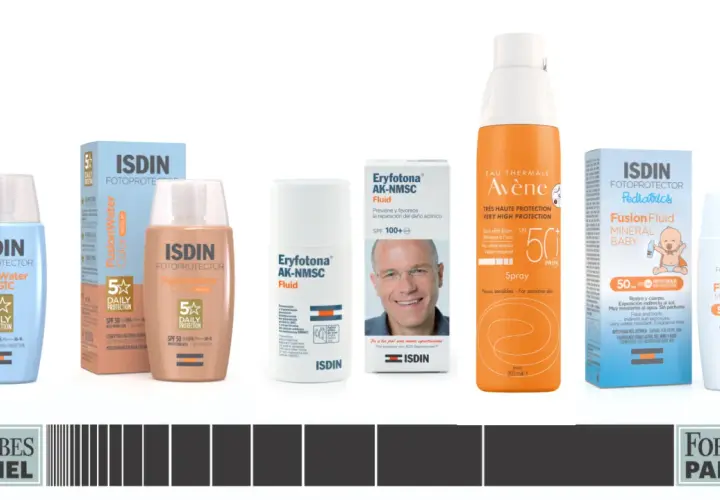 Varios protectores solares, incluyendo ISDIN Fusion Water y Avène, presentados como el mejor protector solar según dermatólogos.
