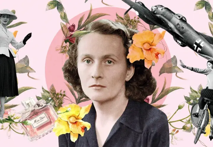 Collage con retrato de Catherine Dior, moda vintage, avión de guerra y flores.