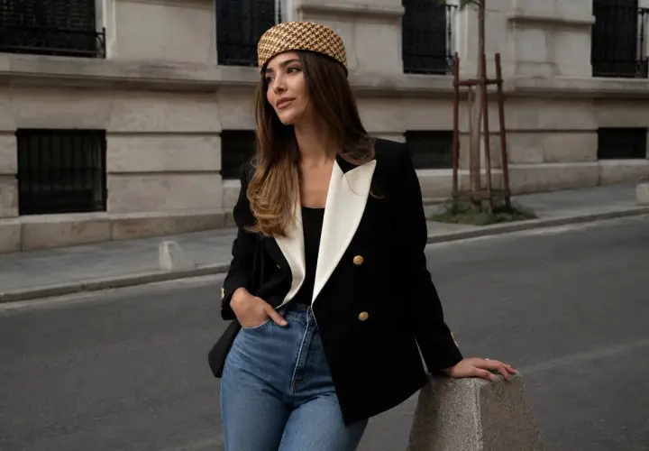 Mujer con un elegante bléiser negro y blanco, jeans y sombrero a cuadros, apoyada en un poste de concreto en la calle.