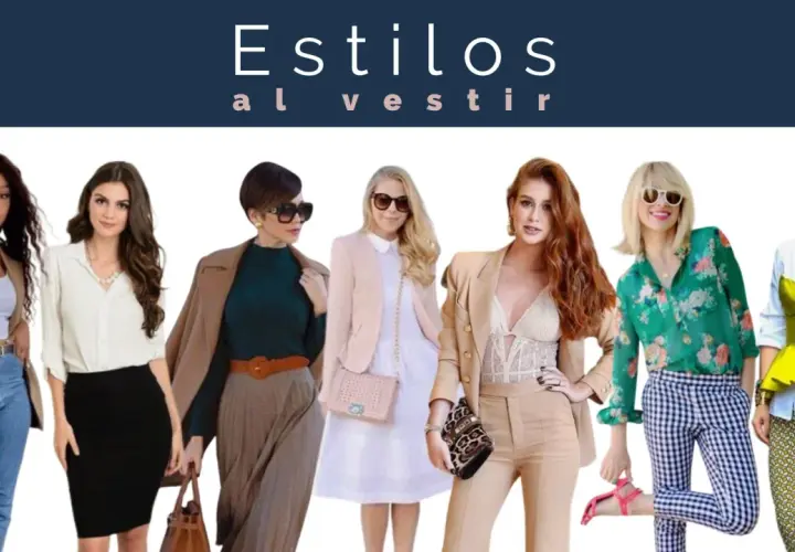Ocho mujeres muestran diferentes tipos de estilos de vestir, desde casual hasta formal, con trajes y accesorios variados.
