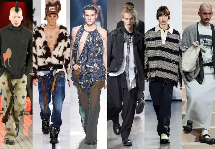 Modelos con looks de estilo grunge: suéteres rotos, estampados de vaca, pantalones anchos y accesorios llamativos.