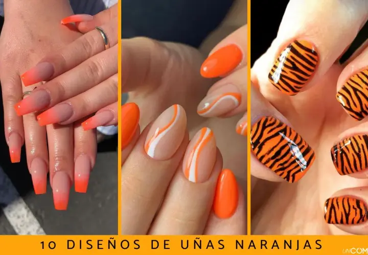 Uñas naranjas para el verano: degradado, con líneas blancas y naranjas, y diseño de tigre. ¡Perfectas para lucir radiante!