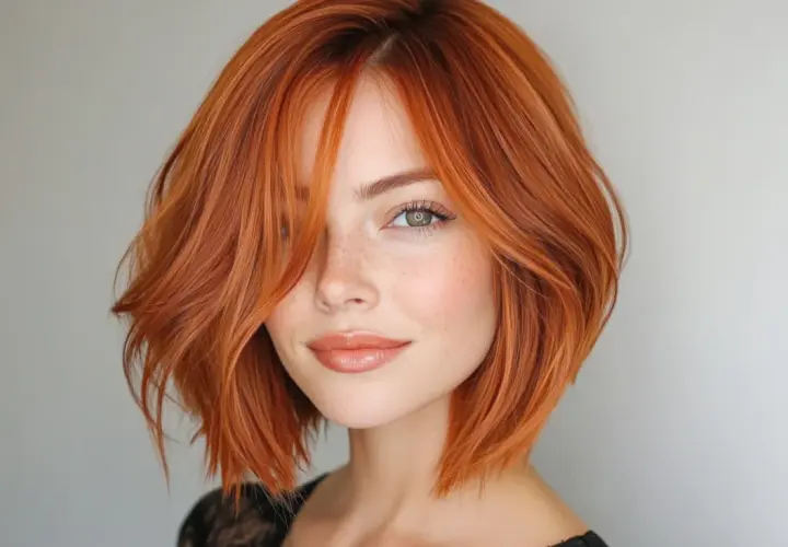 Mujer con cabello cobrizo y corte bob ondulado, ideal para cortes de pelo para dar volumen al pelo fino.