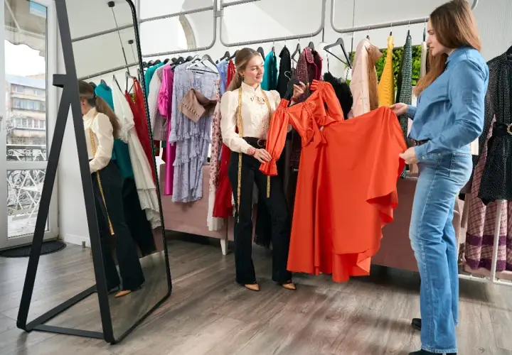 Dos mujeres discuten el outfit significado de un vestido naranja vibrante en una boutique.
