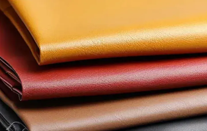 Apilamiento de muestras de cuero pu vegano en tonos ocre, rojo, marrón y negro.