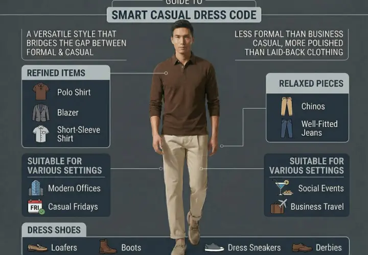 Hombre con vestimenta smart casual: polo marrón, chinos beige y mocasines. Ideal para oficinas modernas y eventos sociales.