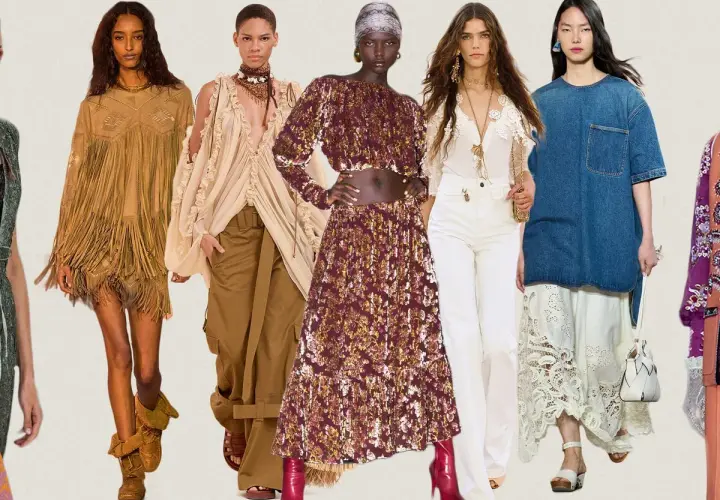 Desfile de lloyds mujer con looks bohemios y modernos: flecos, encaje, denim y estampados vibrantes.