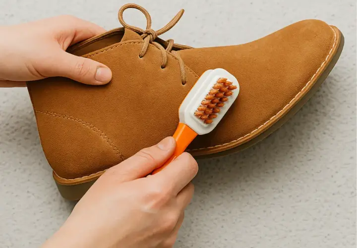 Manos cepillando un zapato de ante marrón. Aprende cómo limpiar antelina para mantener tus zapatos como nuevos.