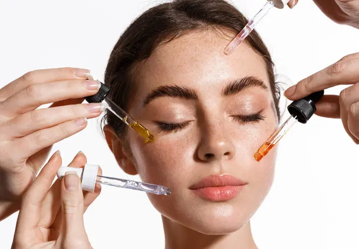 Manos aplican sueros con goteros en el rostro de una mujer. El brillo en su piel sugiere el poder de la vitamina C para la cara.