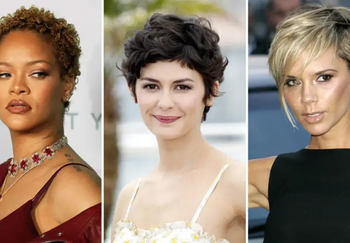 Tres mujeres con pixie moderno atrevidos cortes de pelo mujer corto. Rihanna, Audrey Tautou y Victoria Beckham lucen estilos audaces.