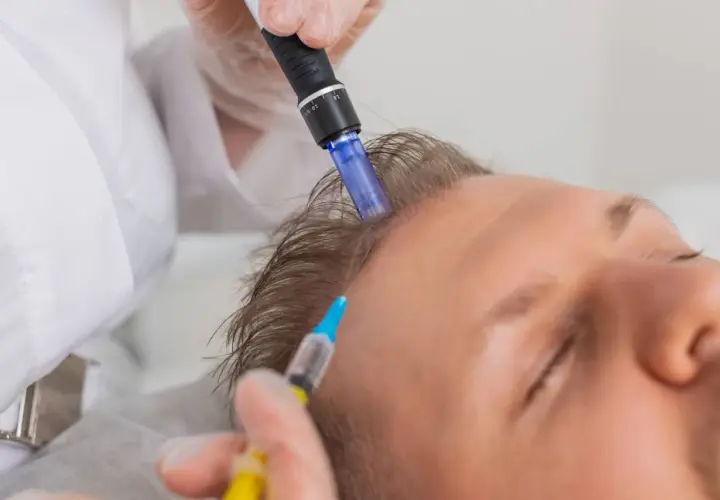 Un profesional realiza microneedling capilar en la cabeza de un hombre, aplicando un tratamiento para estimular el crecimiento del cabello.