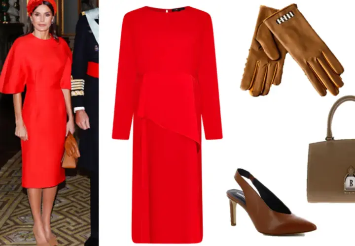 Ideas para combinar vestido coral: un vestido rojo, guantes marrones, bolso y zapatos a juego.