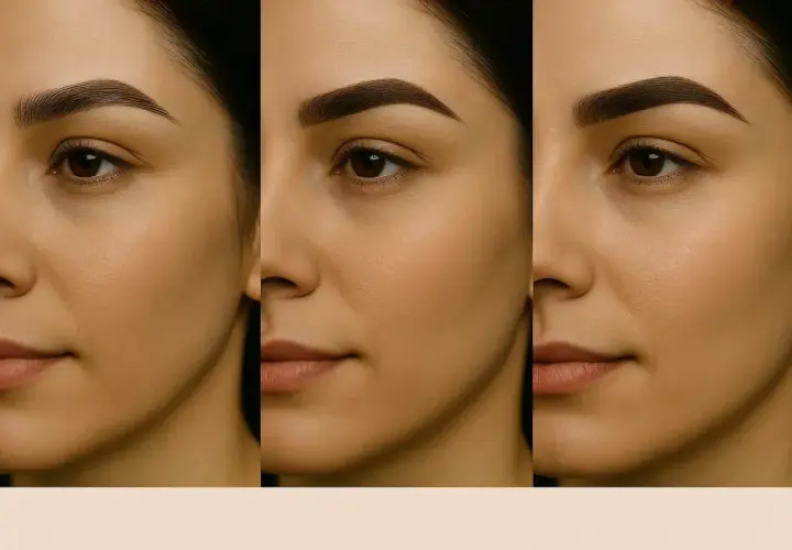Tres miradas de una mujer con cejas tatuadas, mostrando diferentes estilos y resultados.