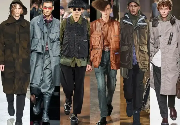 Modelos lucen abrigos y chalecos utilitarios, mostrando un estilo urbano y funcional. La moda masculina se reinventa con este aesthetic que es práctico y vanguardista.