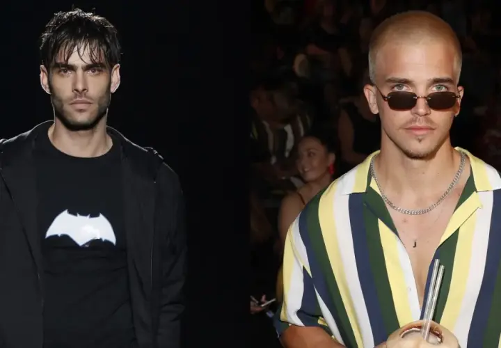 Dos modelos españoles hombres, uno con camiseta negra y logo de Batman, el otro con camisa a rayas y gafas de sol.