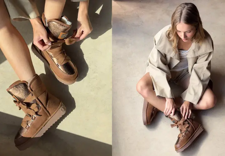 Manos atando cordones de botas serraje beige con detalles metalizados. Aprende como limpiar botas serraje beige.