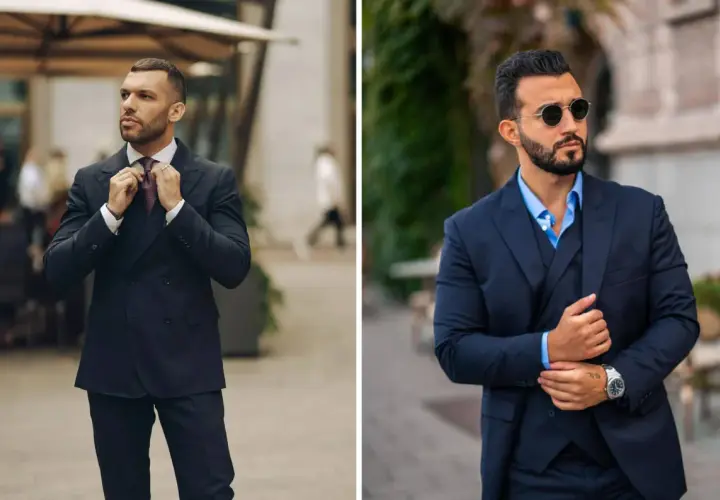 Dos hombres con trajes oscuros, listos para un evento de dress code cocktail hombre. Uno ajusta su corbata, el otro luce gafas de sol.