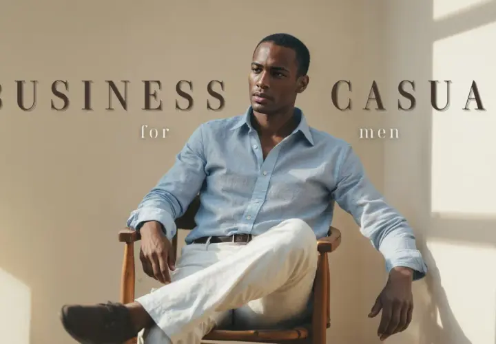 Hombre con camisa azul claro y pantalones blancos, luciendo un estilo business casual.