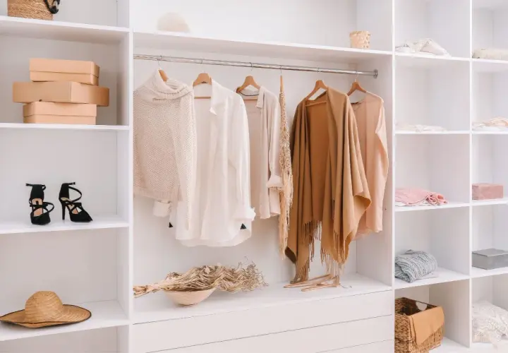 Armario organizado con ropa de punto, camisas y chales en tonos neutros, perfecto para tu colección de otoño.