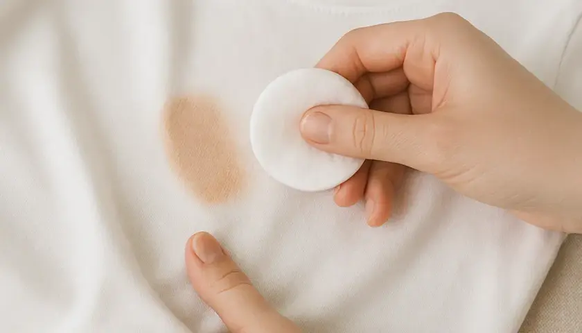 Mano limpiando una mancha de maquillaje de una camiseta blanca con un disco de algodón. Guía rápida para como quitar maquillaje de la ropa.