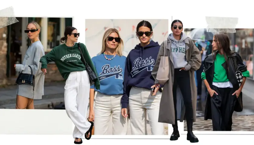 Mujeres con estilo lucen un **hoodie** gris, verde, azul y marino, combinados con pantalones y abrigos.