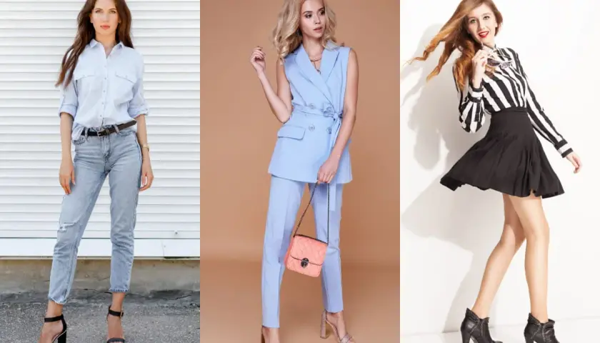 Tres looks que demuestran qué ropa favorece a las bajitas: jeans, traje sastre y falda con blusa.