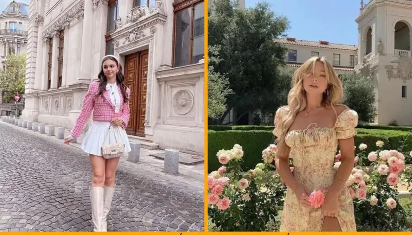 Chica con estilo coquette en traje rosa y blanco, y otra con vestido floral, rodeada de rosas.