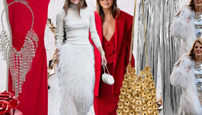 Ideas para como vestir en Noche Vieja: vestidos rojos, faldas de plumas, pantalones plateados y accesorios brillantes.