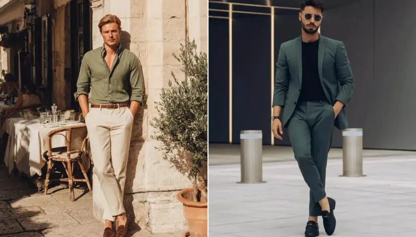 Dos hombres lucen elegantes. Uno con camisa verde y pantalones beige, el otro con traje verde. Verde y marrón combinan a la perfección.