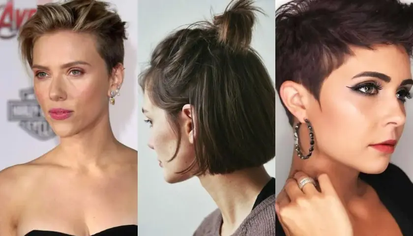 Tres estilos de peinados pelo corto: pixie, moño alto y bob.