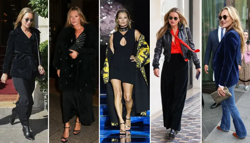 Kate Moss luce varios looks icónicos: elegante con terciopelo negro, glamurosa con abrigo de pelo, audaz en pasarela y chic con chaqueta de cuero y terciopelo azul.