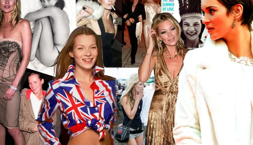 Collage de fotos de Kate Moss joven en diferentes atuendos, incluyendo un vestido dorado y una camisa con la Union Jack.