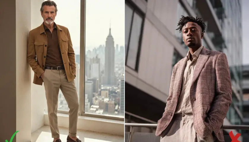 Hombre con un impecable outfit smart casual, chaqueta color camel, polo marrón y pantalones beige.