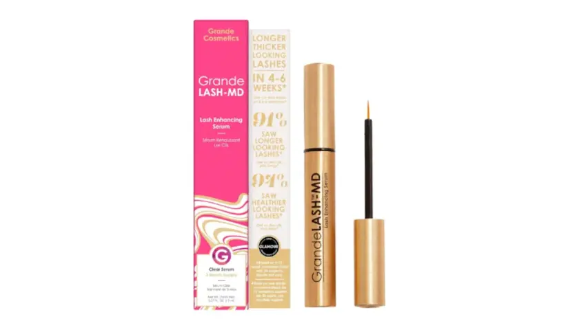 El mejor serum pestañas: GrandeLASH-MD, con su envase dorado y rosa, promete pestañas más largas y saludables.