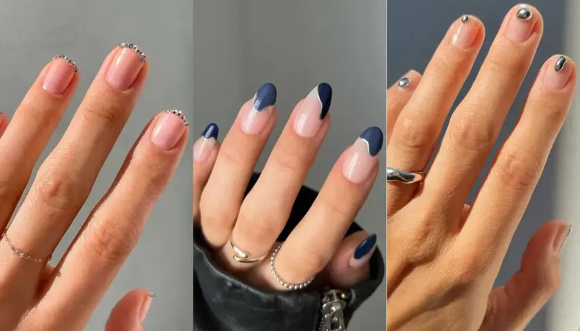 Tres manicuras elegantes: uñas francesas con pedrería, diseño abstracto azul marino y plateado, y uñas minimalistas con detalles metálicos. ¡Ideas de diseño de uñas bonitas!