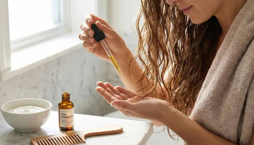 Rutina para saber como hidratar el pelo: aplica aceite sellador en tu mano.