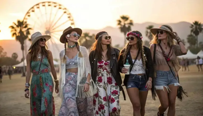 Cinco amigas pasean con un estilo boho, luciendo vestidos florales, sombreros y accesorios playeros.