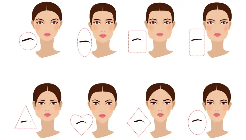 Ocho rostros femeninos con diferentes formas de cejas perfectas, cada una asociada a una forma de rostro.