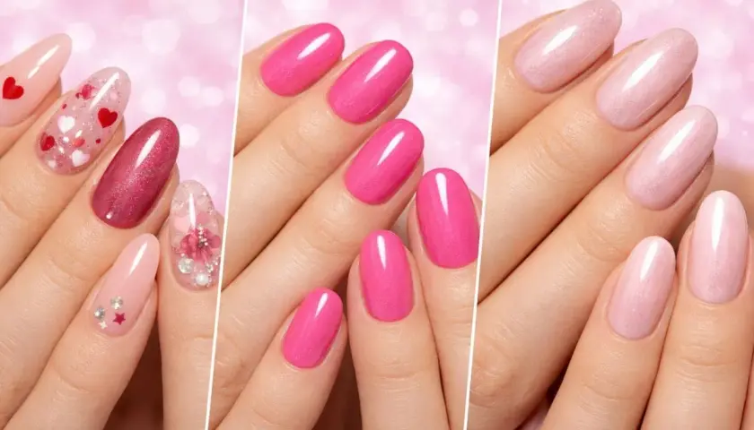 Uñas San Valentín 2026: diseños románticos con corazones, brillos y flores en tonos rosa y rojo.